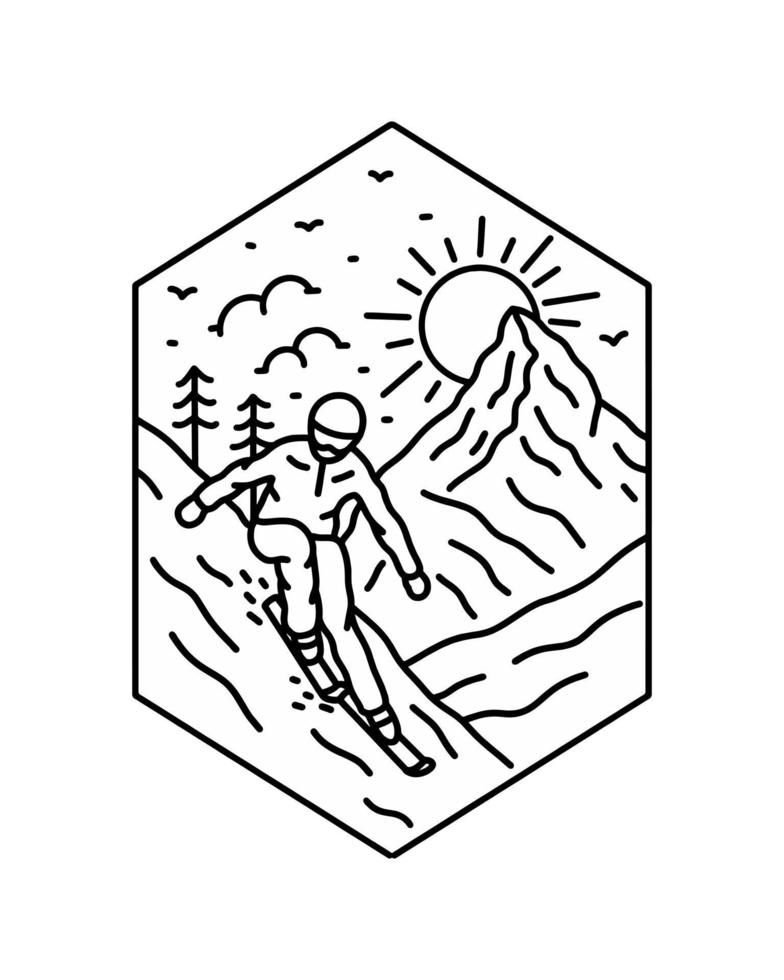 disfrute del esquí en zermatt matterhorn suiza en vector de línea mono para insignia, camiseta, diseño de emblema