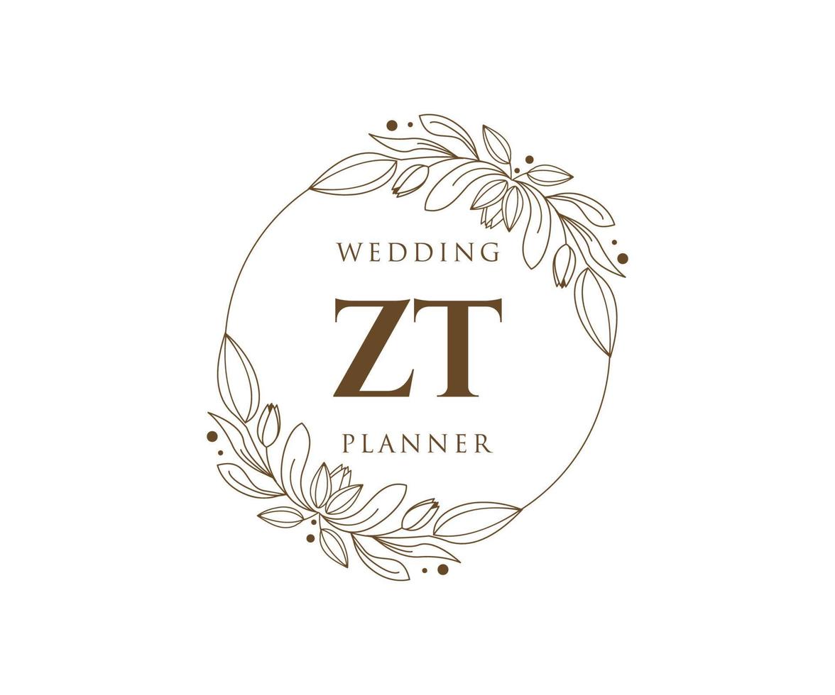 ZT Initials letter Wedding monogram logos collection, hand drawn modern minimalistic and floral templates for Invitation cards, Save the Date, elegant identity for restaurant, boutique, cafe in vector