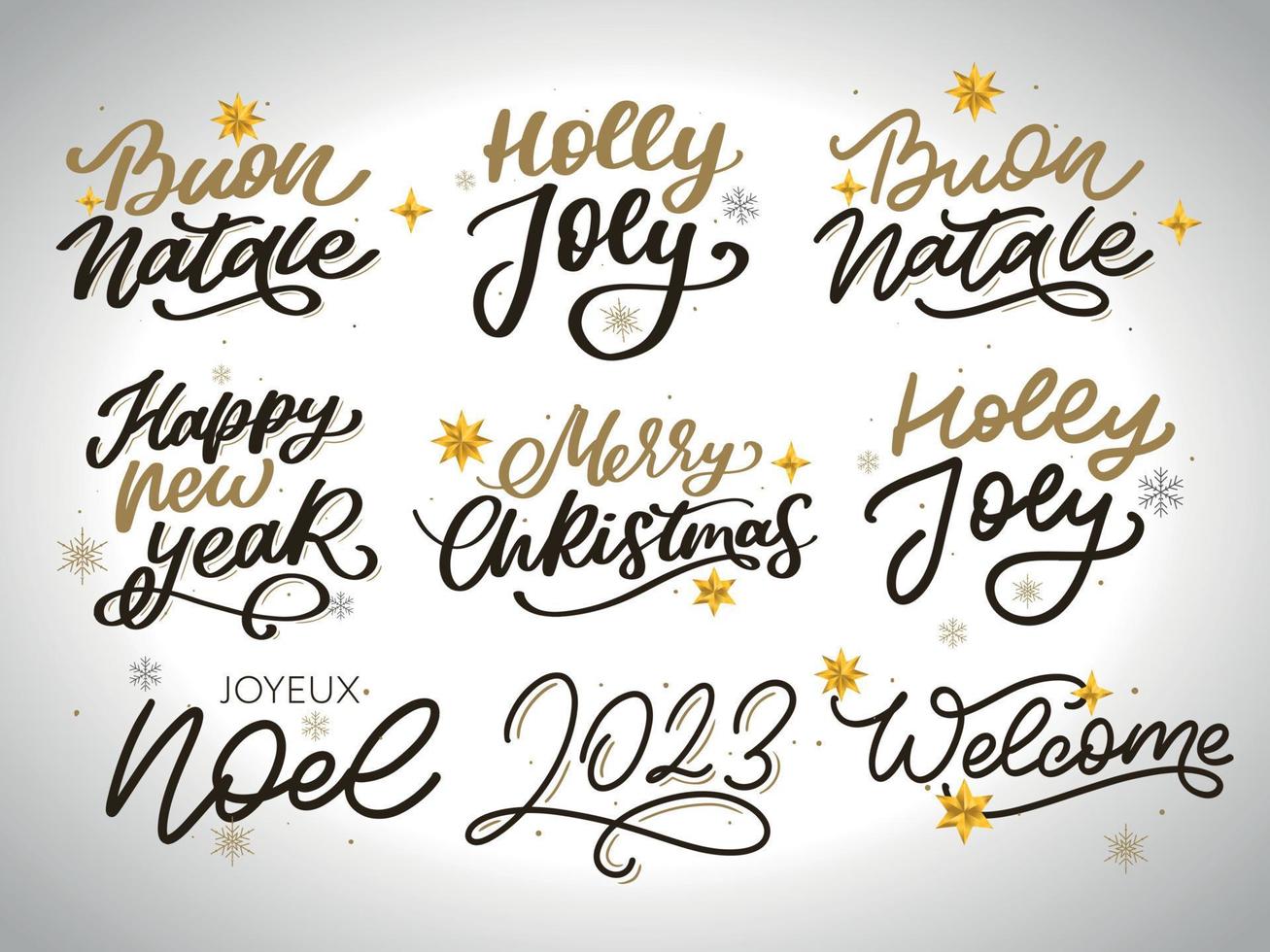 Merry Christmas set 2023 Happy New Year, typography lettering badge emblems quotes set collection. Vector logo design for postcard, invitation, greeting card, poster, gift.