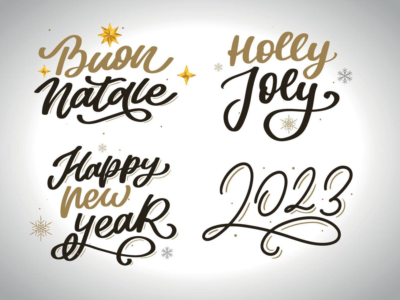 feliz navidad conjunto 2023 feliz año nuevo, tipografía letras insignia emblemas citas conjunto colección. diseño de logotipo vectorial para postal, invitación, tarjeta de felicitación, afiche, regalo. vector