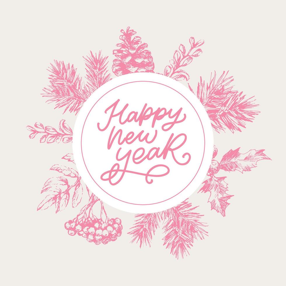 Merry Christmas and Happy New Year Abstract Botanical Card with Square Frame Banner and Modern Typography. Green and Pink Pastel Colors Greeting Layout. Isolated. vector