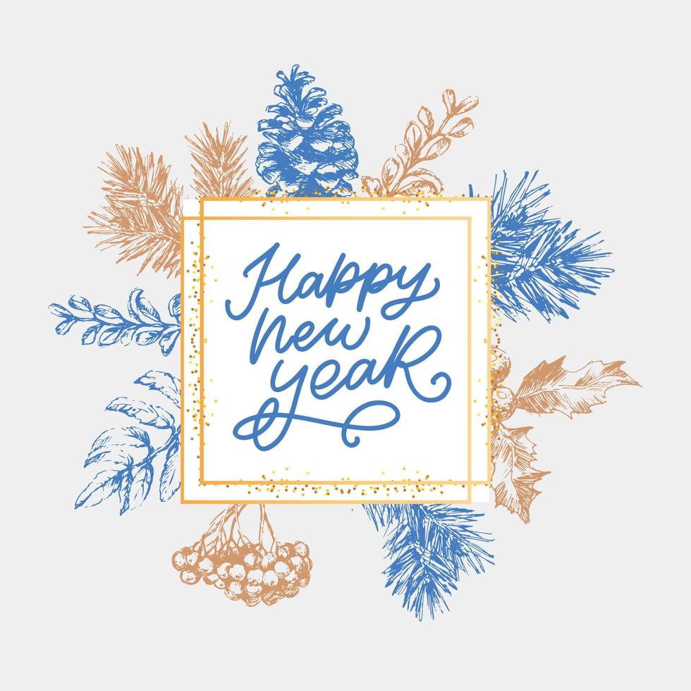 Merry Christmas and Happy New Year Abstract Botanical Card with Square Frame Banner and Modern Typography. Green and Pink Pastel Colors Greeting Layout. Isolated. vector
