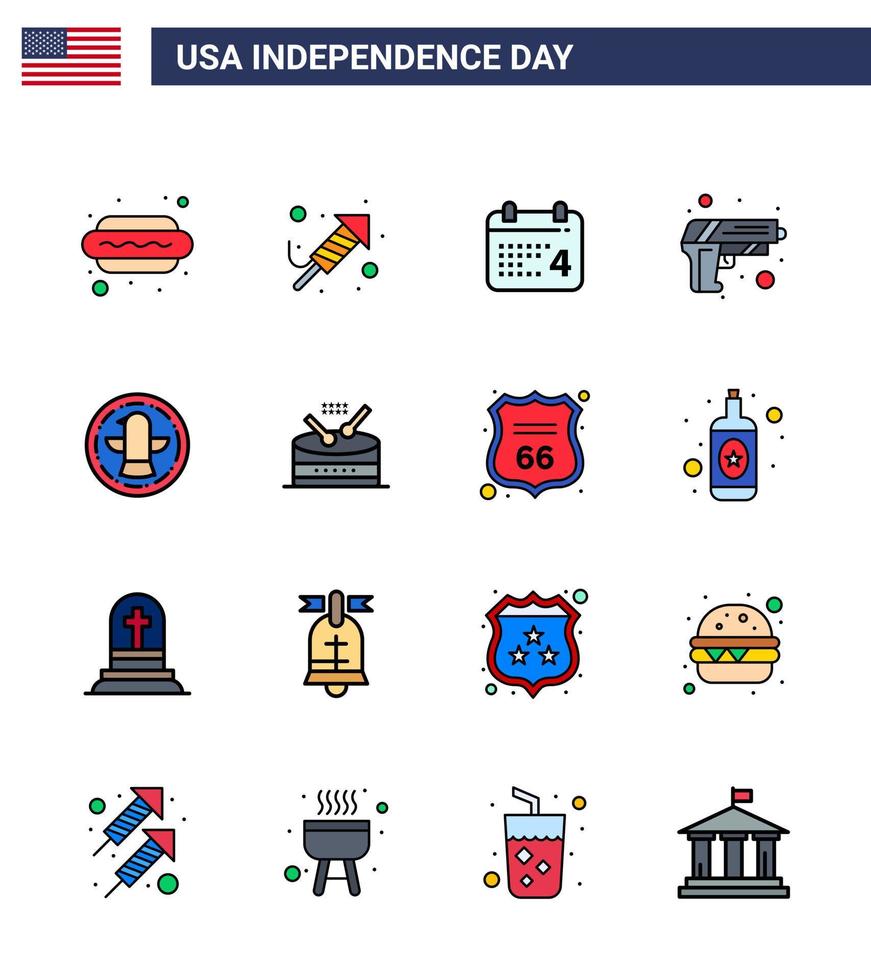 16 USA Flat Filled Line Pack of Independence Day Signs and Symbols of bird weapon calender army gun Editable USA Day Vector Design Elements