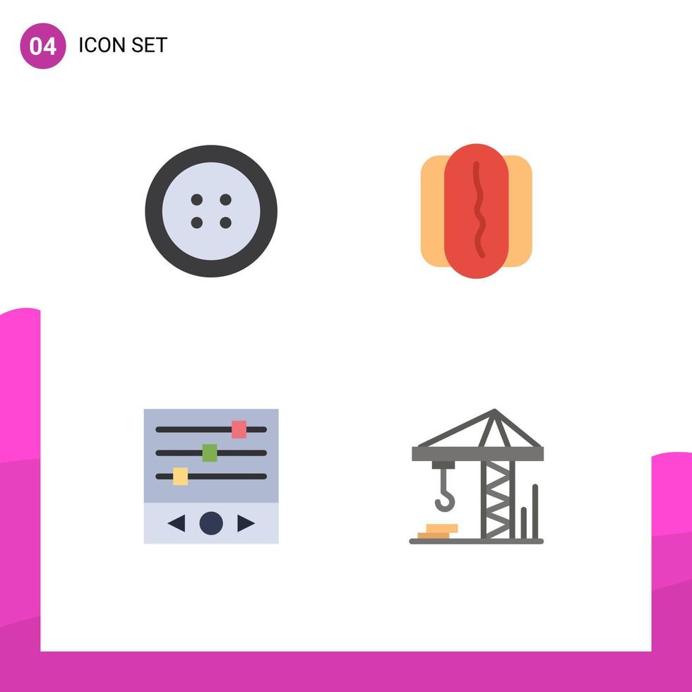 Set of 4 Vector Flat Icons on Grid for button crain hotdog music levels construction Editable Vector Design Elements