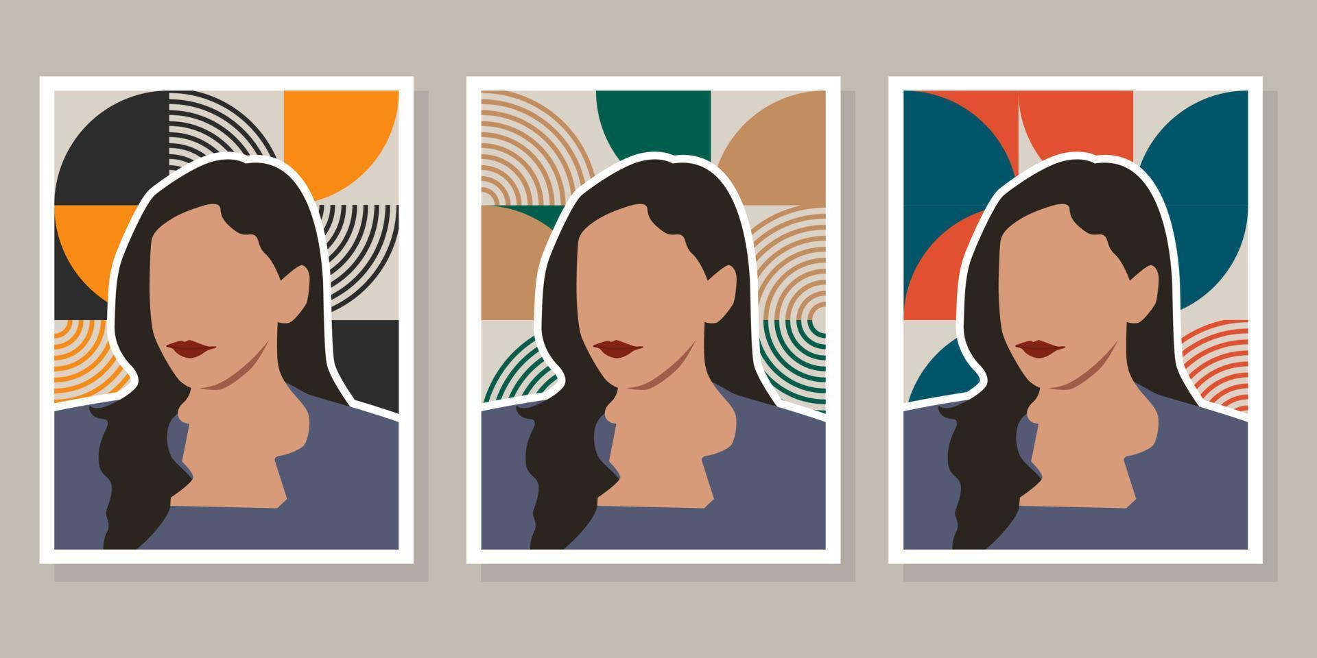 Set of silhouette abstract woman posters in boho style vector