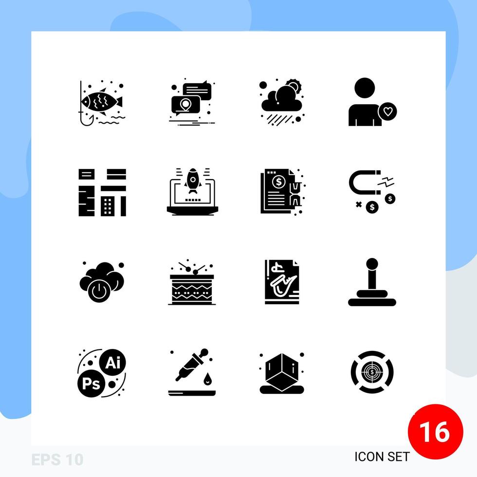 Mobile Interface Solid Glyph Set of 16 Pictograms of feature advertising cloud heart man Editable Vector Design Elements