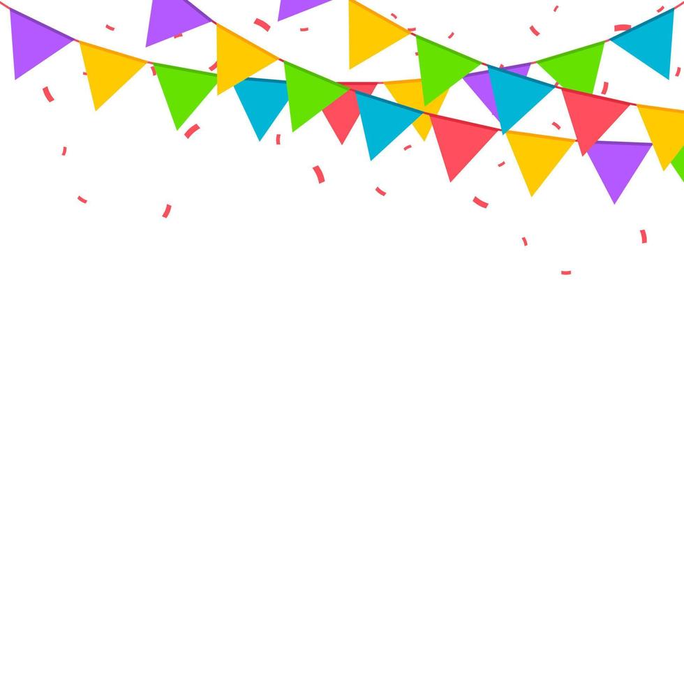 Falling confetti with flag garlands, birthday vector background