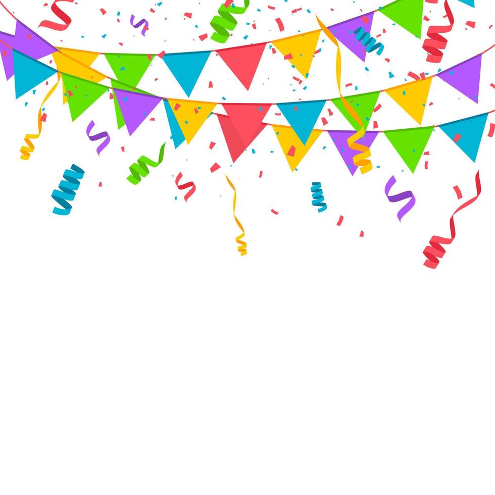 Falling confetti with flag garlands, birthday vector background