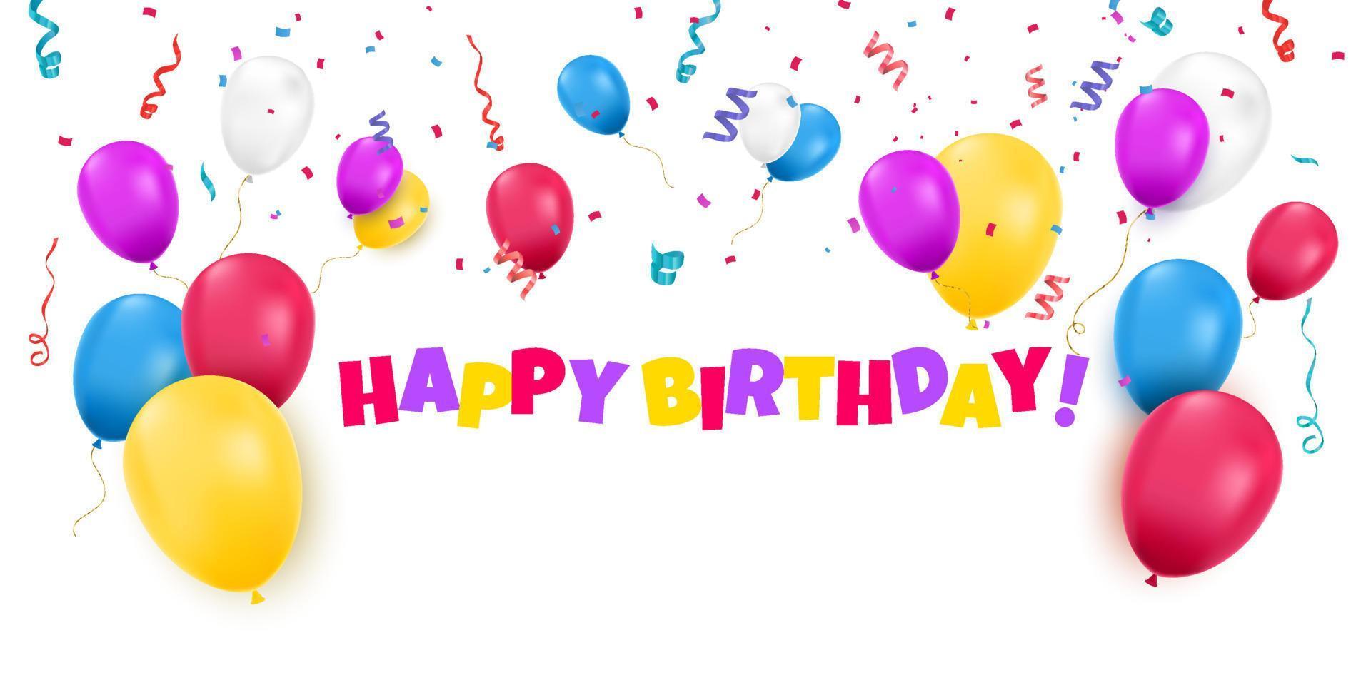 Happy Birthday banner with color balloons and confetti on blue background. vector