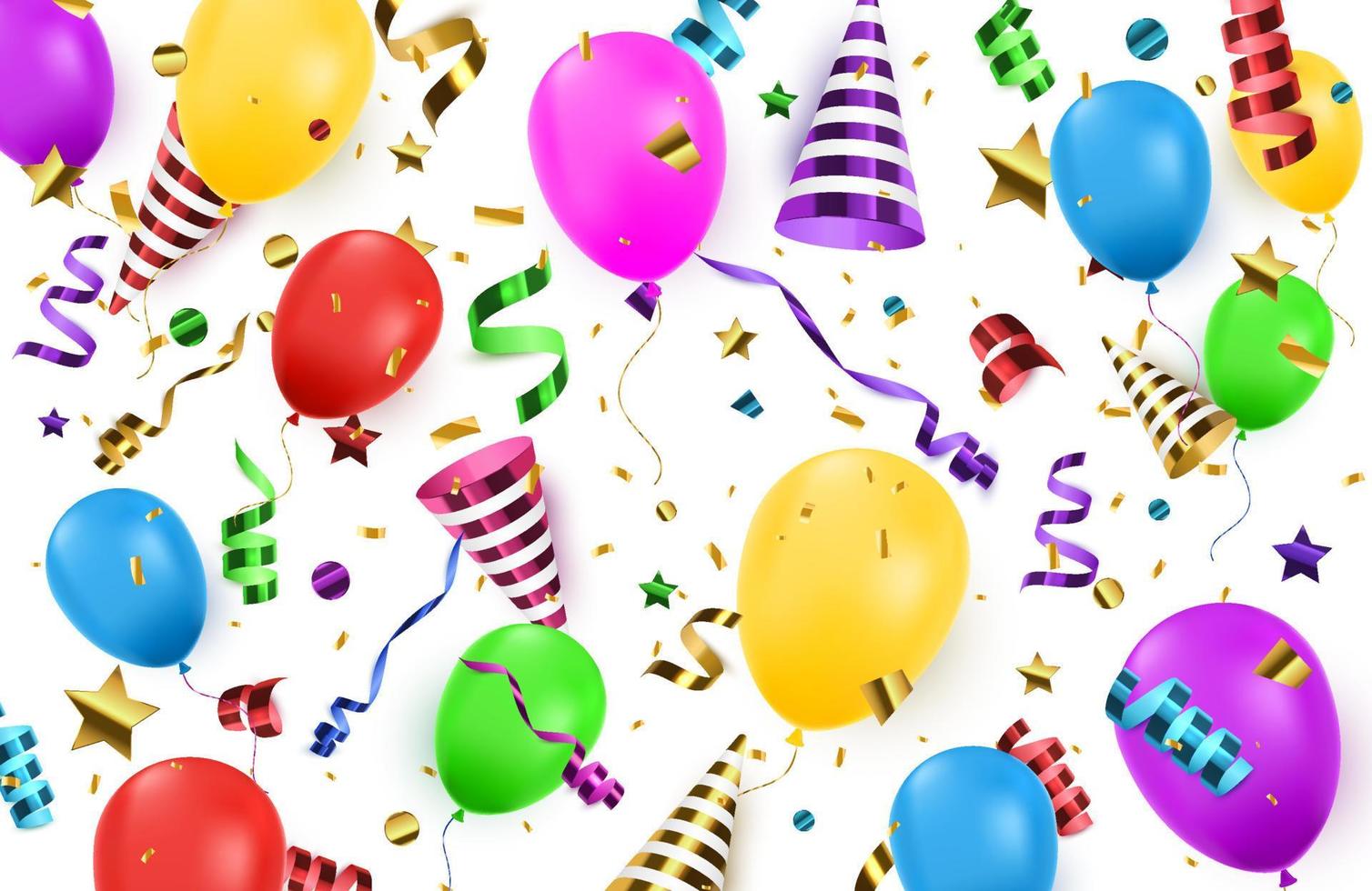 banner de feliz cumpleaños con globos de colores y confeti sobre fondo azul. vector