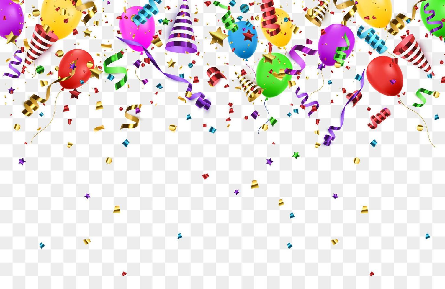 banner de feliz cumpleaños con globos de colores y confeti sobre fondo azul. vector