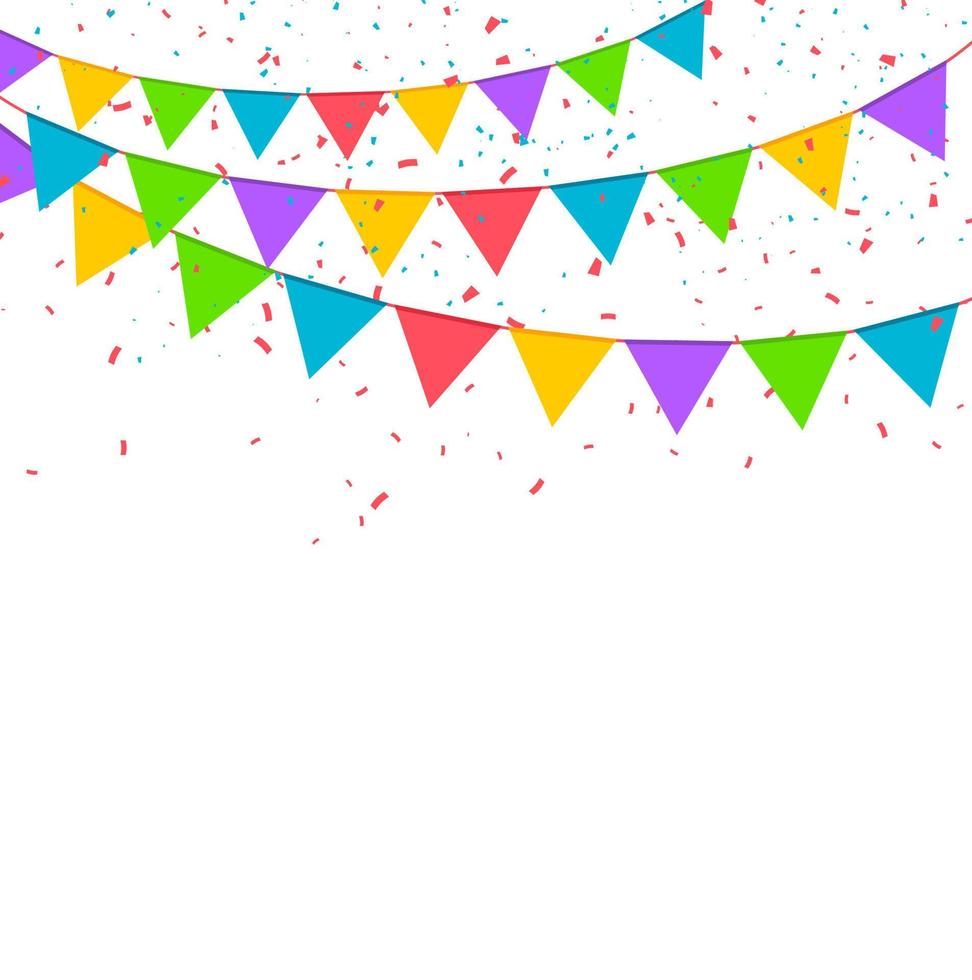 Falling confetti with flag garlands, birthday vector background