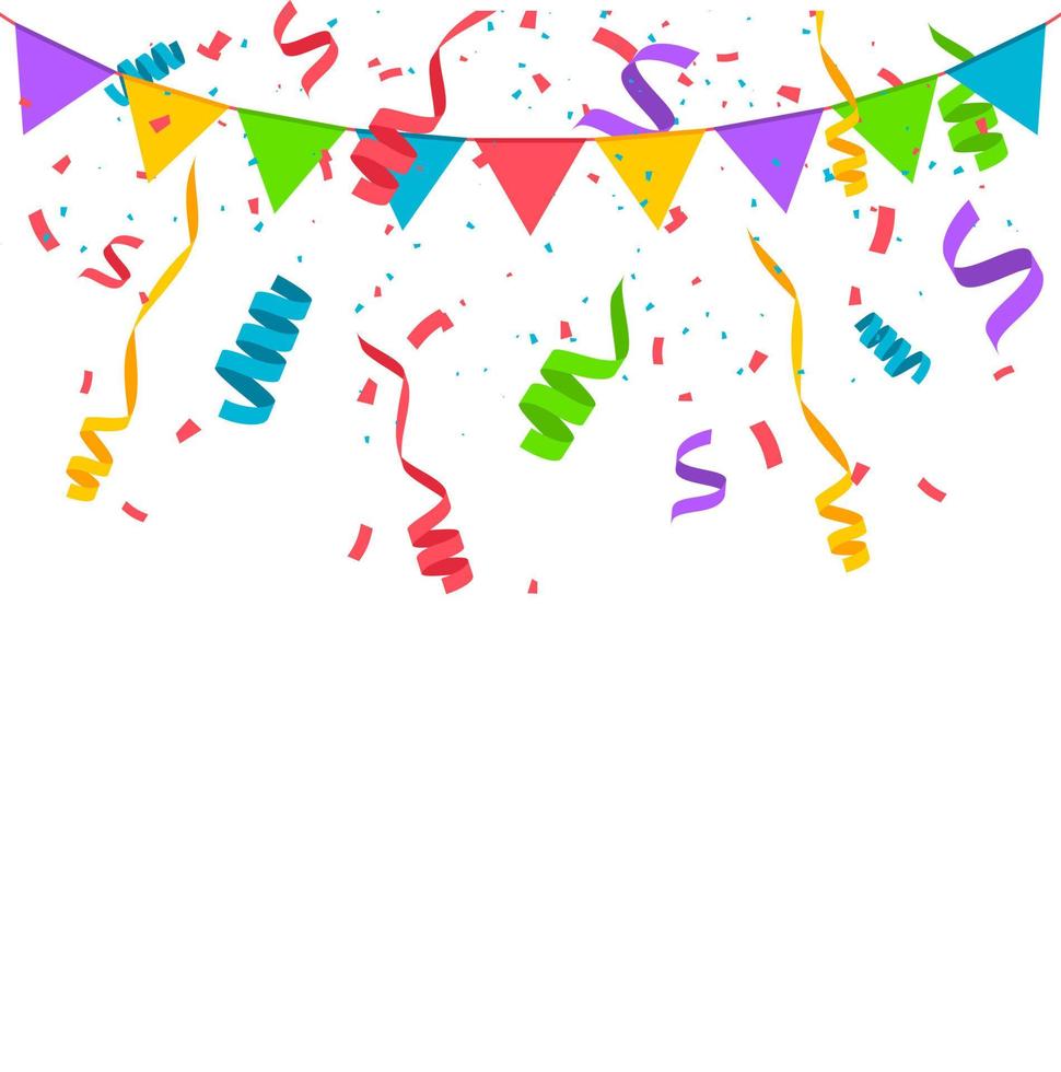 Falling confetti with flag garlands, birthday vector background
