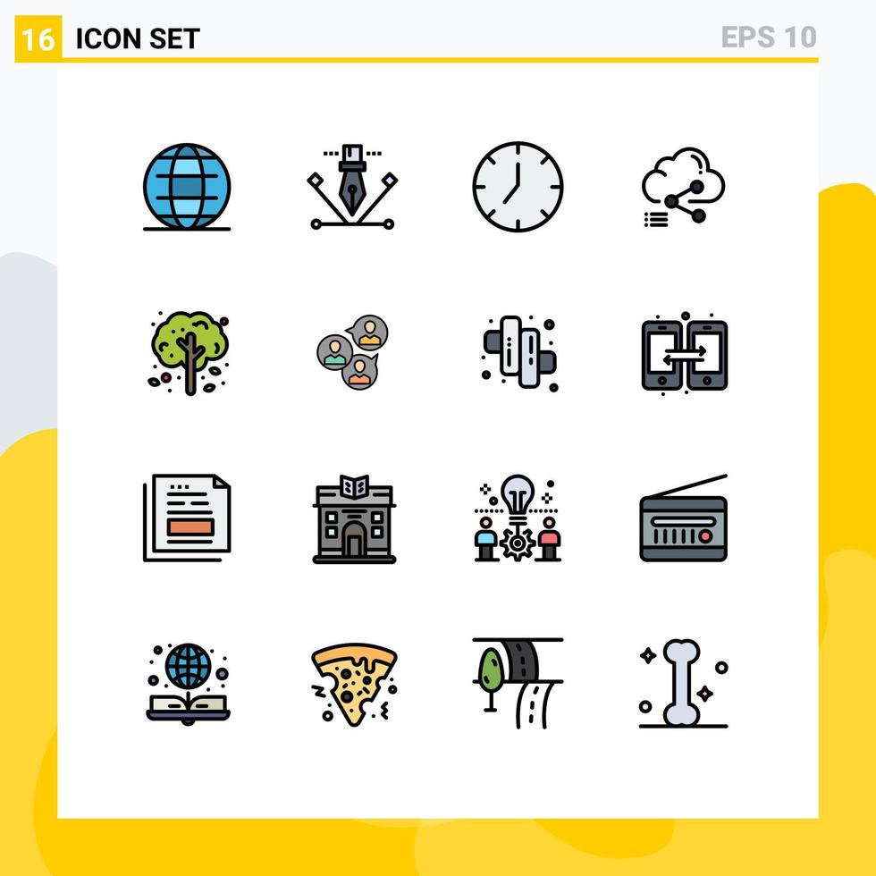 Editable Vector Line Pack of 16 Simple Flat Color Filled Lines of apple computing clock data share Editable Creative Vector Design Elements