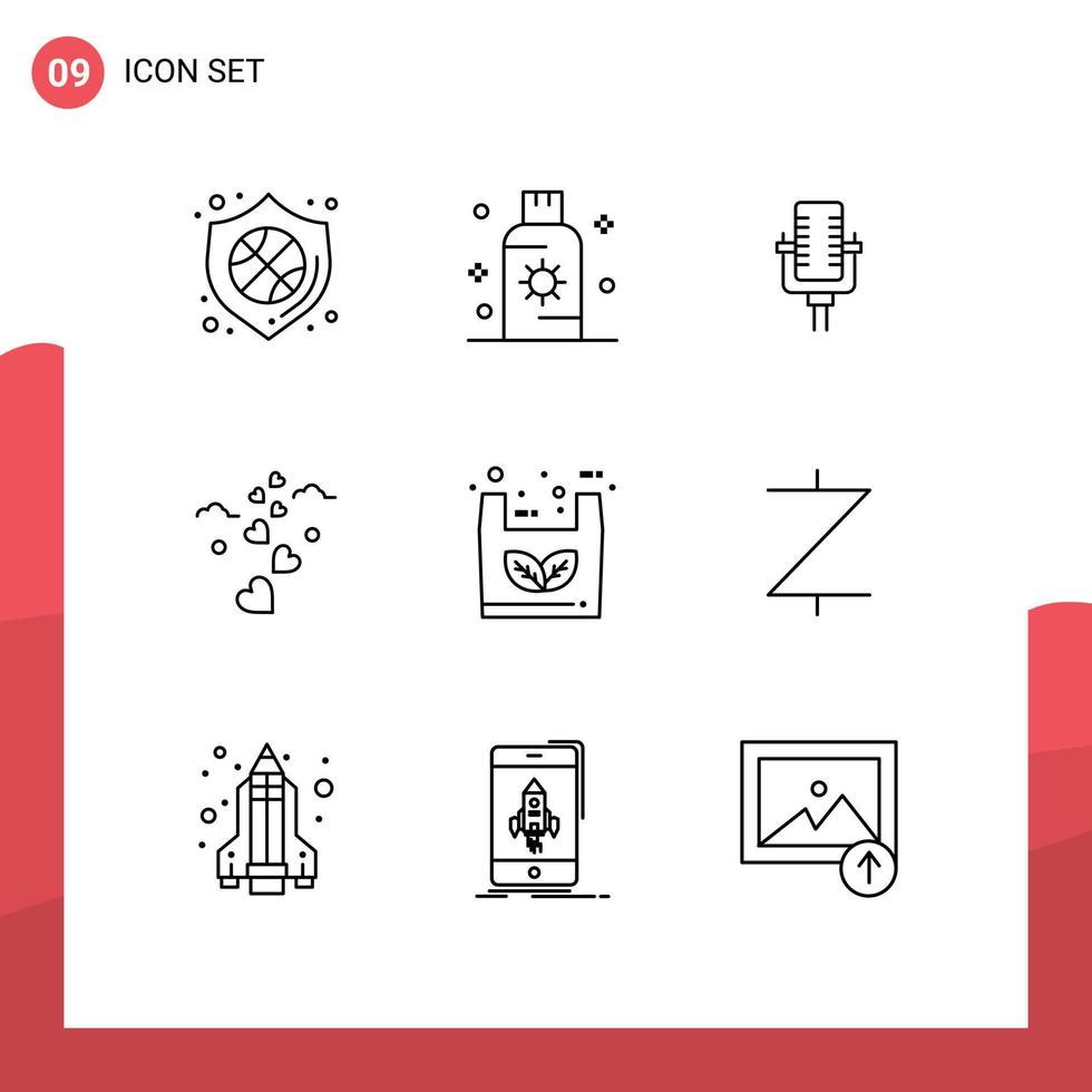 Mobile Interface Outline Set of 9 Pictograms of bag loving sunblock love song Editable Vector Design Elements