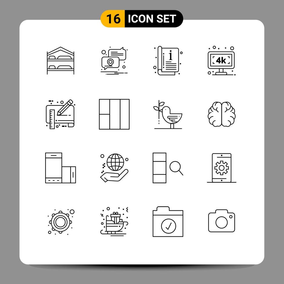 Universal Icon Symbols Group of 16 Modern Outlines of document tv catalog television monitor Editable Vector Design Elements