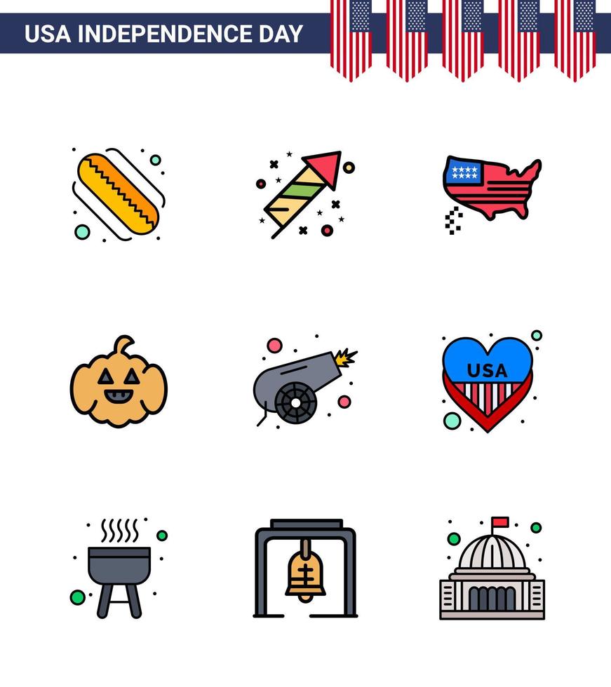 USA Happy Independence DayPictogram Set of 9 Simple Flat Filled Lines of weapon canon map army american Editable USA Day Vector Design Elements