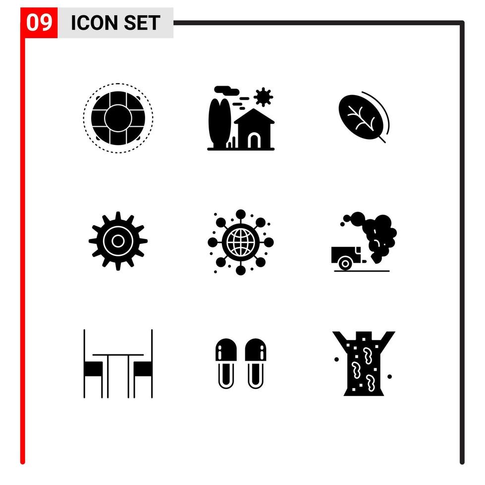 Pictogram Set of 9 Simple Solid Glyphs of global setting real gear nature Editable Vector Design Elements