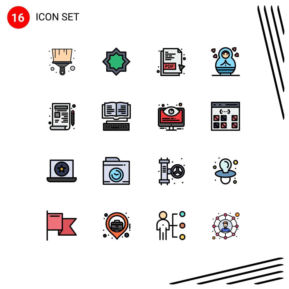 grupo de símbolos de iconos universales de 16 líneas llenas de colores planos modernos de diseño de dibujo pdf blueprint elementos de diseño de vectores creativos editables para niños