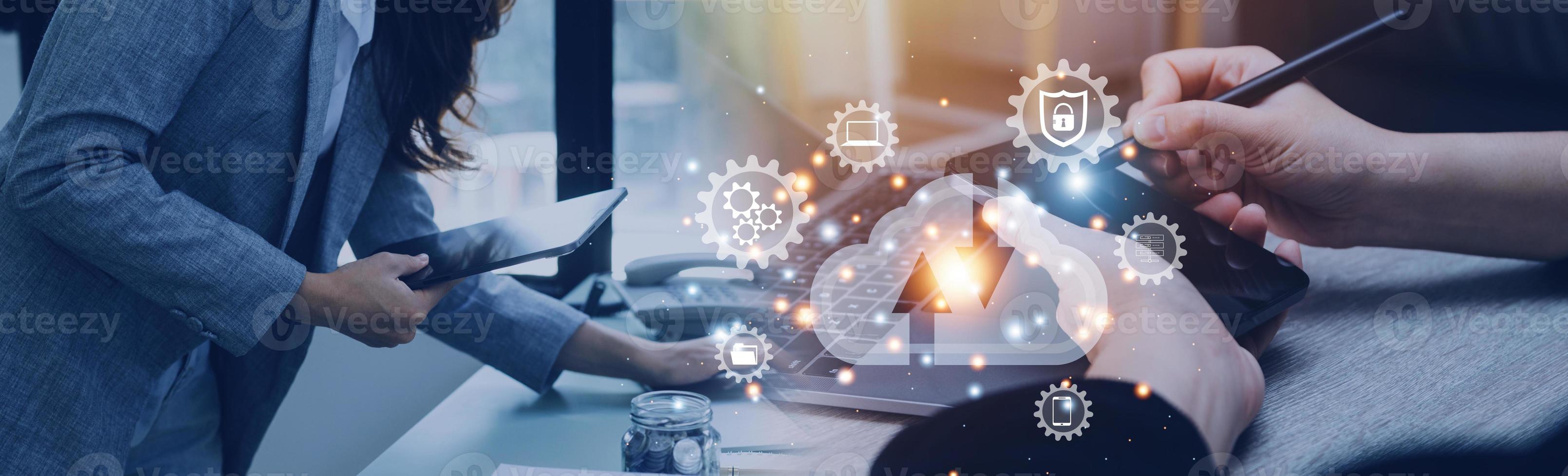 man use Laptop with cloud computing diagram show on hand. Cloud technology. Data storage. Networking and internet service concept. photo