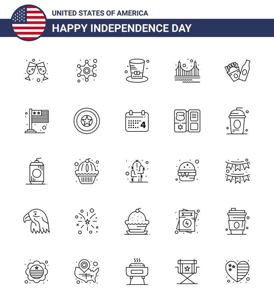 Paquete de 25 líneas de estados unidos de signos y símbolos del día de la independencia de frise turismo sombrero punto de referencia puerta editable elementos de diseño vectorial del día de estados unidos vector