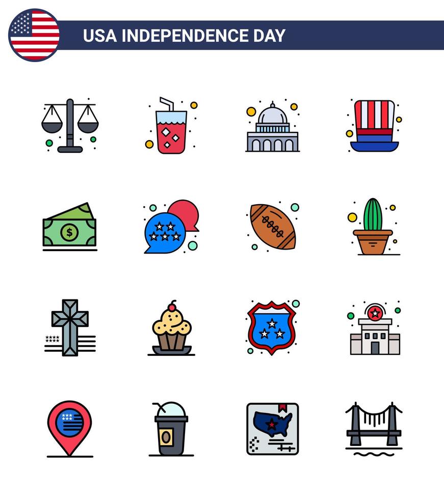 Big Pack of 16 USA Happy Independence Day USA Vector Flat Filled Lines and Editable Symbols of money usa capitol presidents day Editable USA Day Vector Design Elements