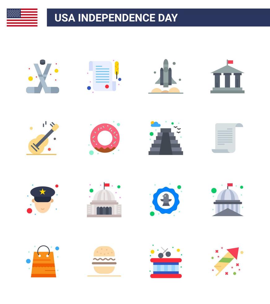 usa feliz día de la independencia pictograma conjunto de 16 pisos simples de guiter american launcher flag usa editable usa day elementos de diseño vectorial vector