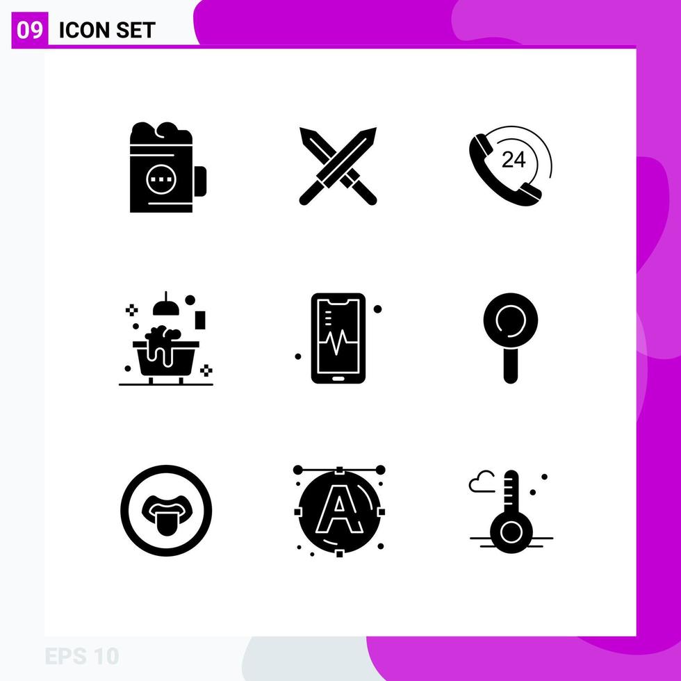 Set of 9 Modern UI Icons Symbols Signs for mobil shower call bathtub bath Editable Vector Design Elements