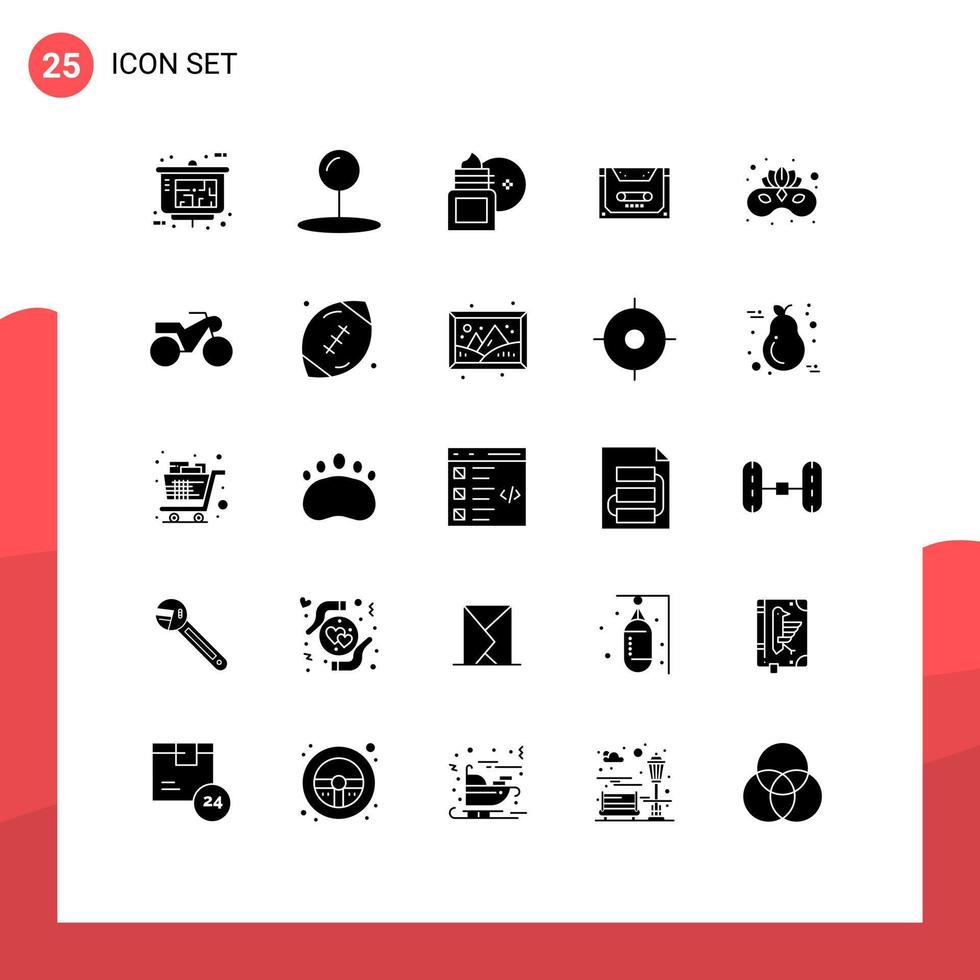 25 Universal Solid Glyphs Set for Web and Mobile Applications carnival compact body massage cassette analog Editable Vector Design Elements