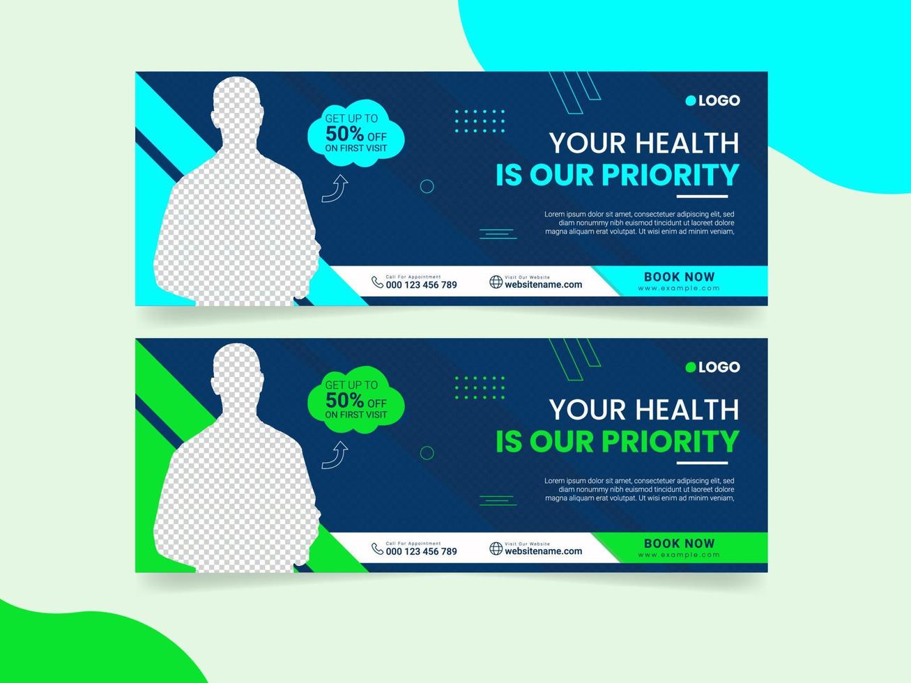 Medical health care web banner and hospital cover or social media cover design template vector