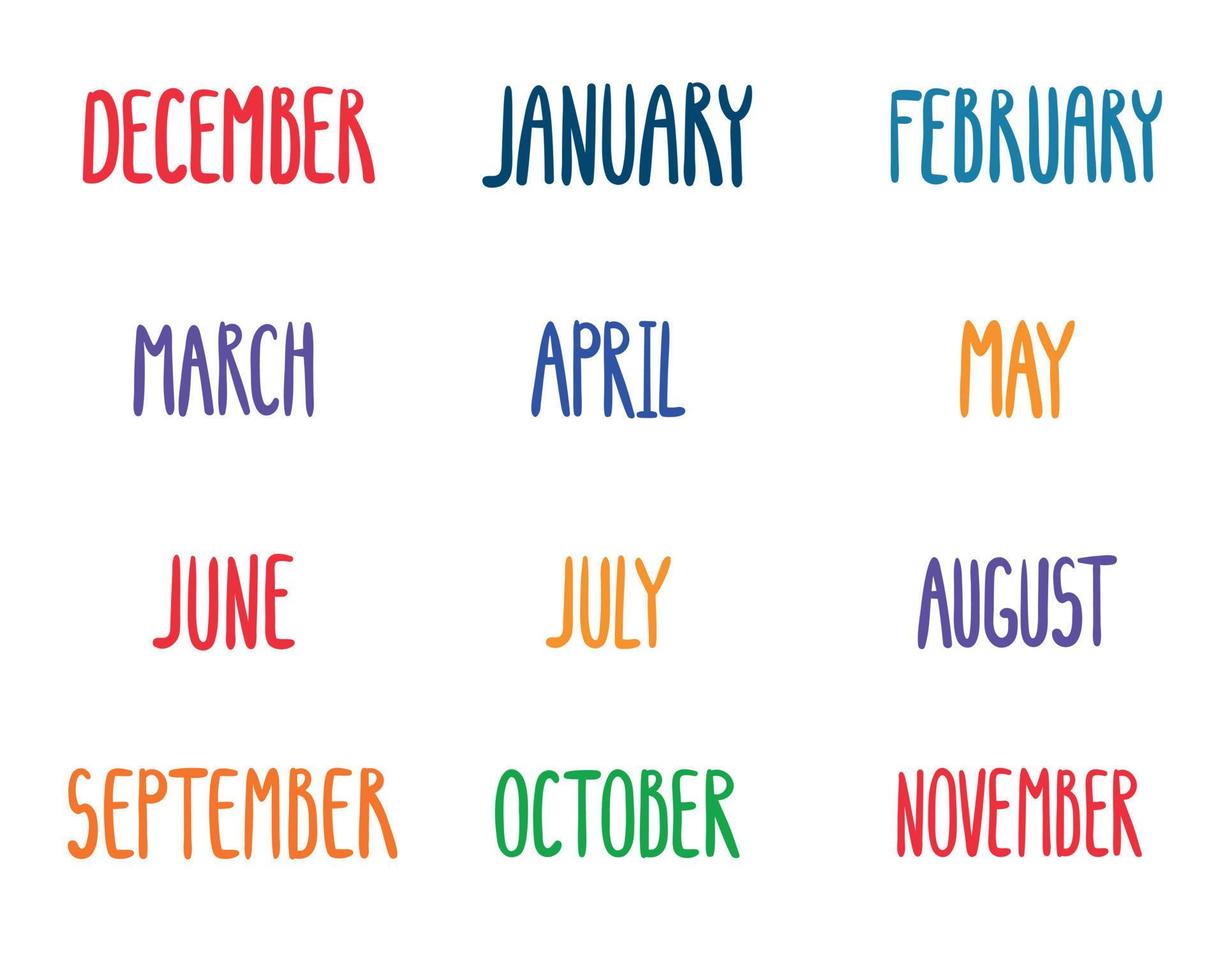 Vector Set of Hand Drawn Lettering of Months of the Year. Lettering for Planer Stickers