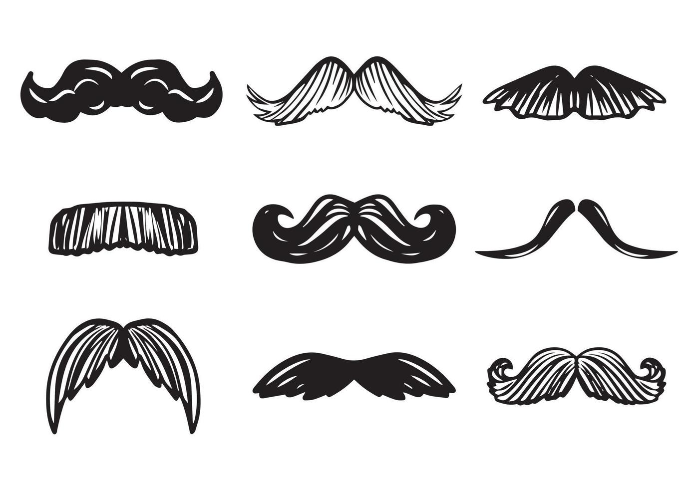 conjunto de bocetos de garabatos dibujados a mano de bigotes de diferentes formas y tipos. accesorio de hombre guapo vector