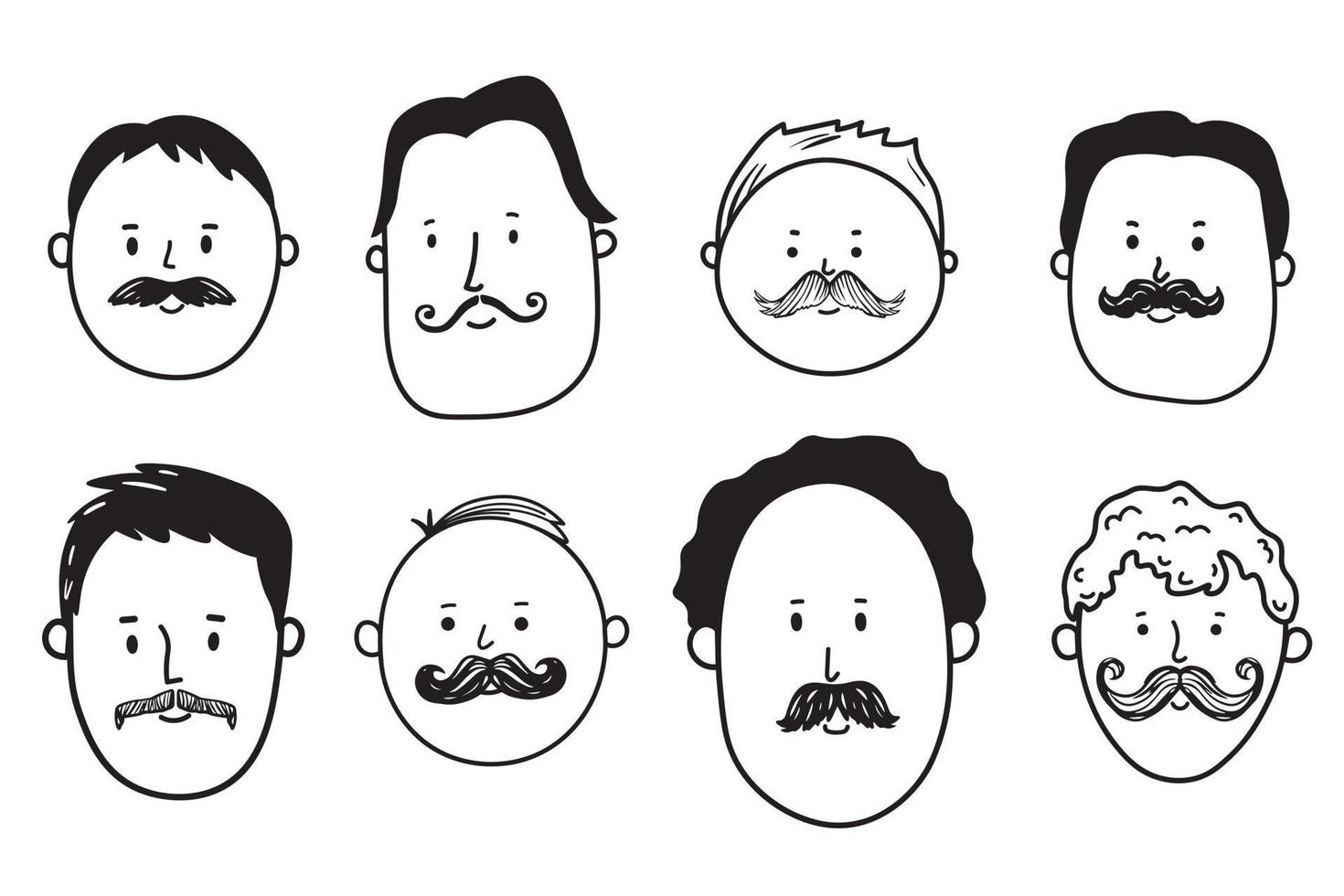 conjunto dibujado a mano de bocetos de garabatos de diferentes hombres con diferentes tipos y formas de bigotes. hombres guapos con bigote vector