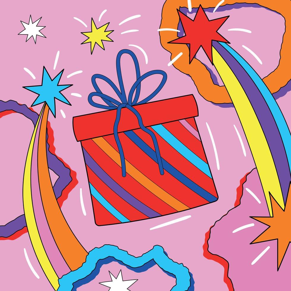 postal cuadrada de navidad con caja de regalo colorida. loca fiesta de navidad. cartel de los mejores deseos. divertidas vibraciones navideñas retro de 1970 y 1960 vector