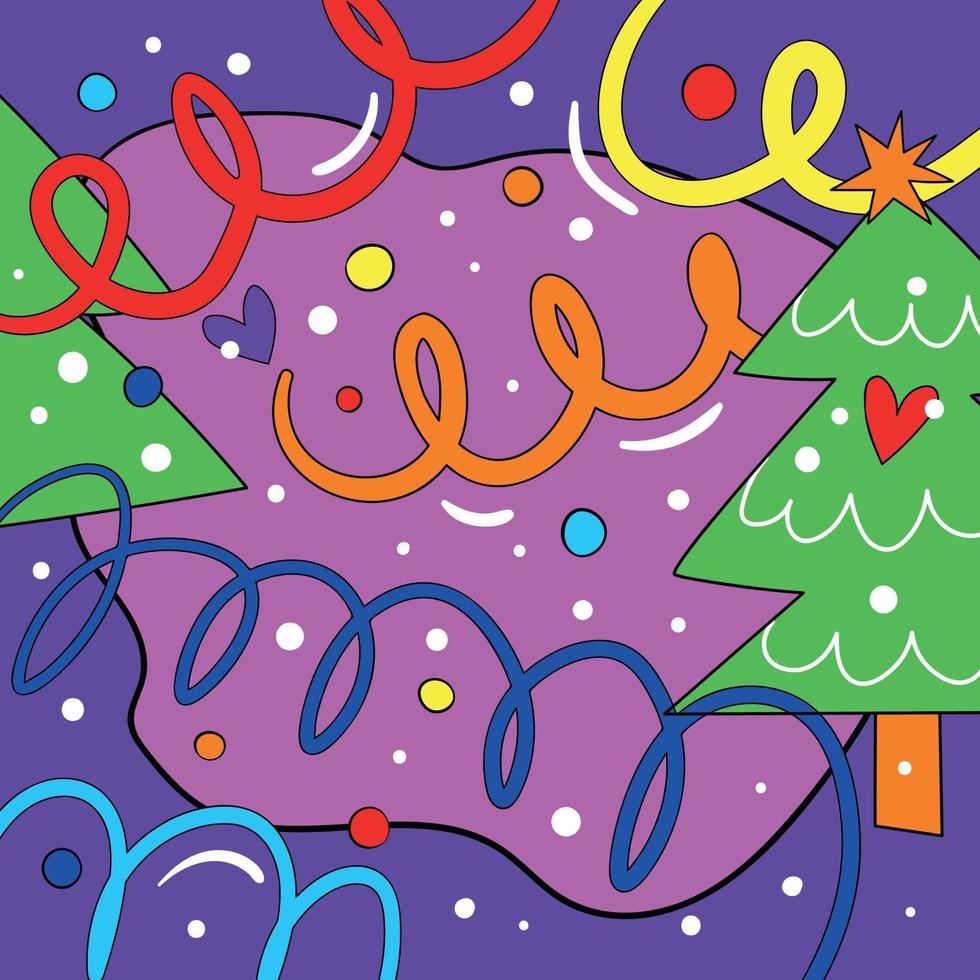 loca tarjeta colorida de fiesta de navidad con árbol de navidad y decoraciones. cartel cuadrado vectorial en Navidad divertida y psicodélica. vibraciones hippie y funky 1970 vector