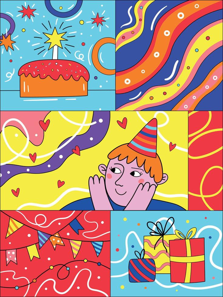 Vibrant Happy Birthday Poster Psychedelic Retro Vibes. Greeting Card Happy Birthday. Best Wishes. Comic Book Style Birthday Poster. Retro Vibes 90s vector