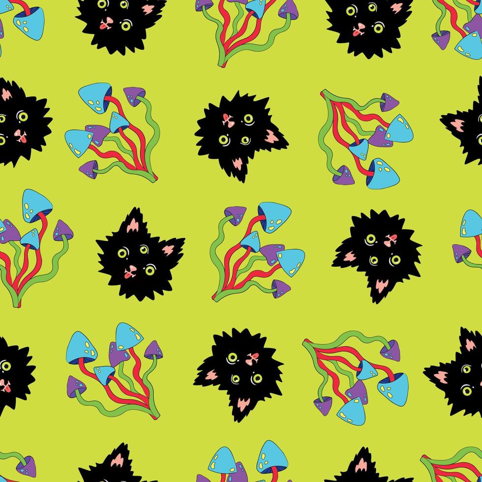 Vector Seamless Psychedelic Pattern with Trippy Acid Mushrooms and Funky Cat. Crazy Trippy Background