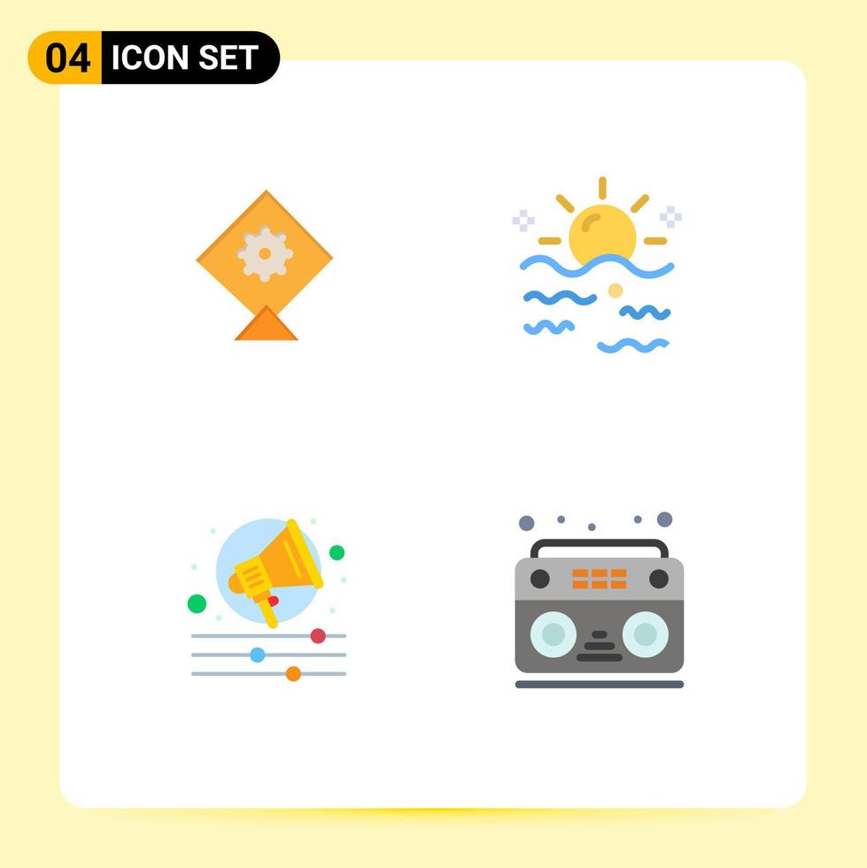 Set of 4 Vector Flat Icons on Grid for kite shout sky sunrise music Editable Vector Design Elements