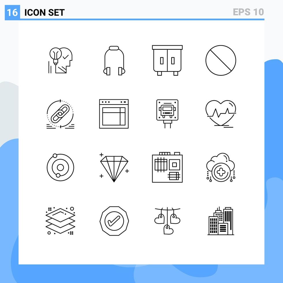 Universal Icon Symbols Group of 16 Modern Outlines of forbidden interior headphone furniture decor Editable Vector Design Elements