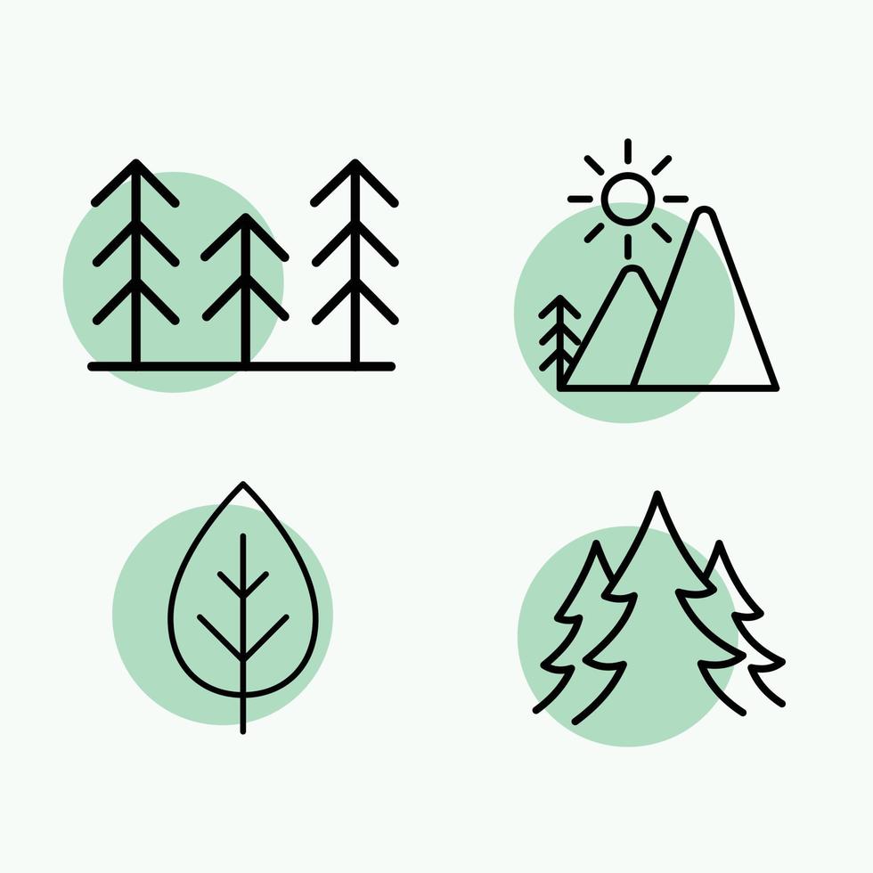 conjunto, de, colorido, naturaleza, montaña, árbol, contorno vector