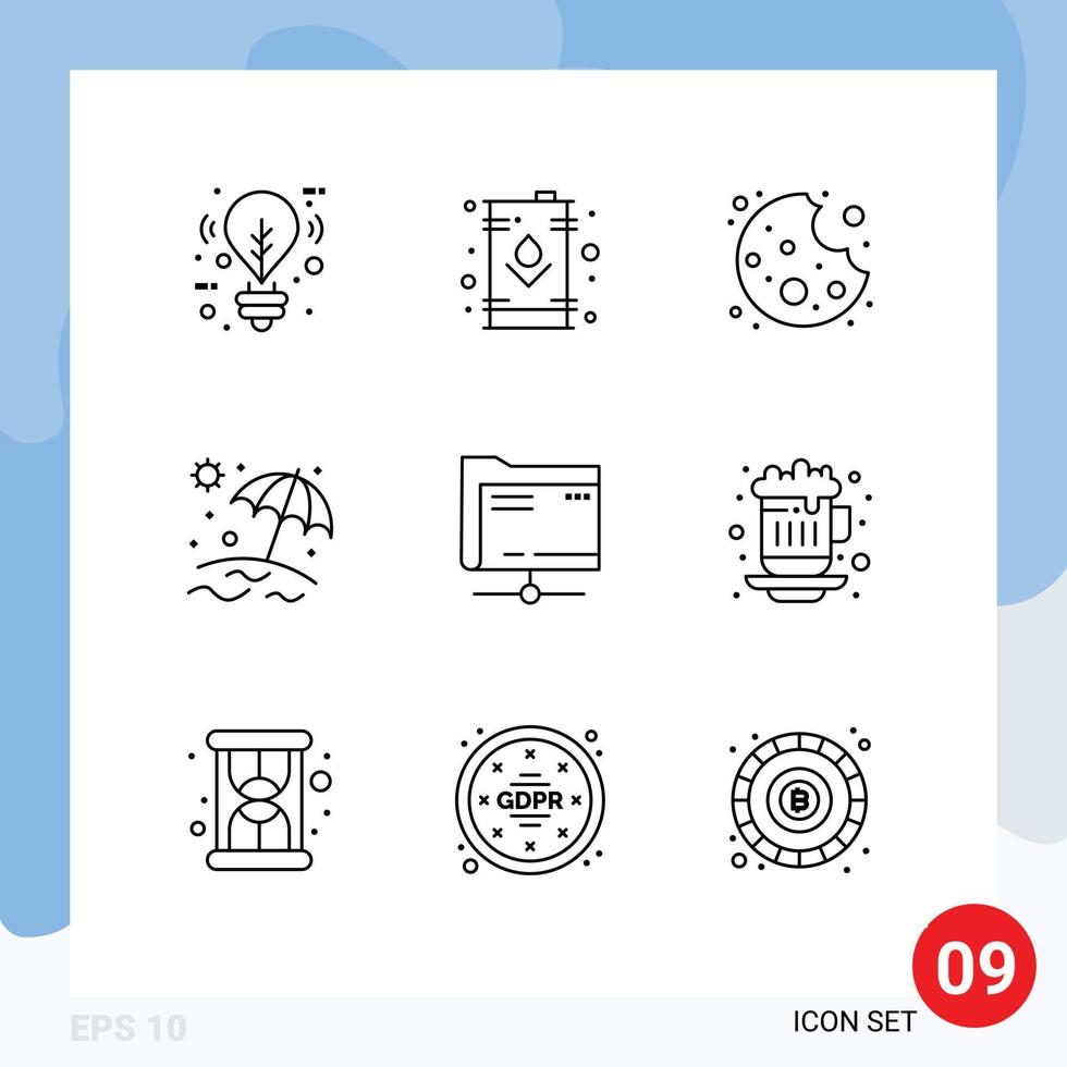 Pack of 9 Modern Outlines Signs and Symbols for Web Print Media such as server folder tank vacation beach Editable Vector Design Elements