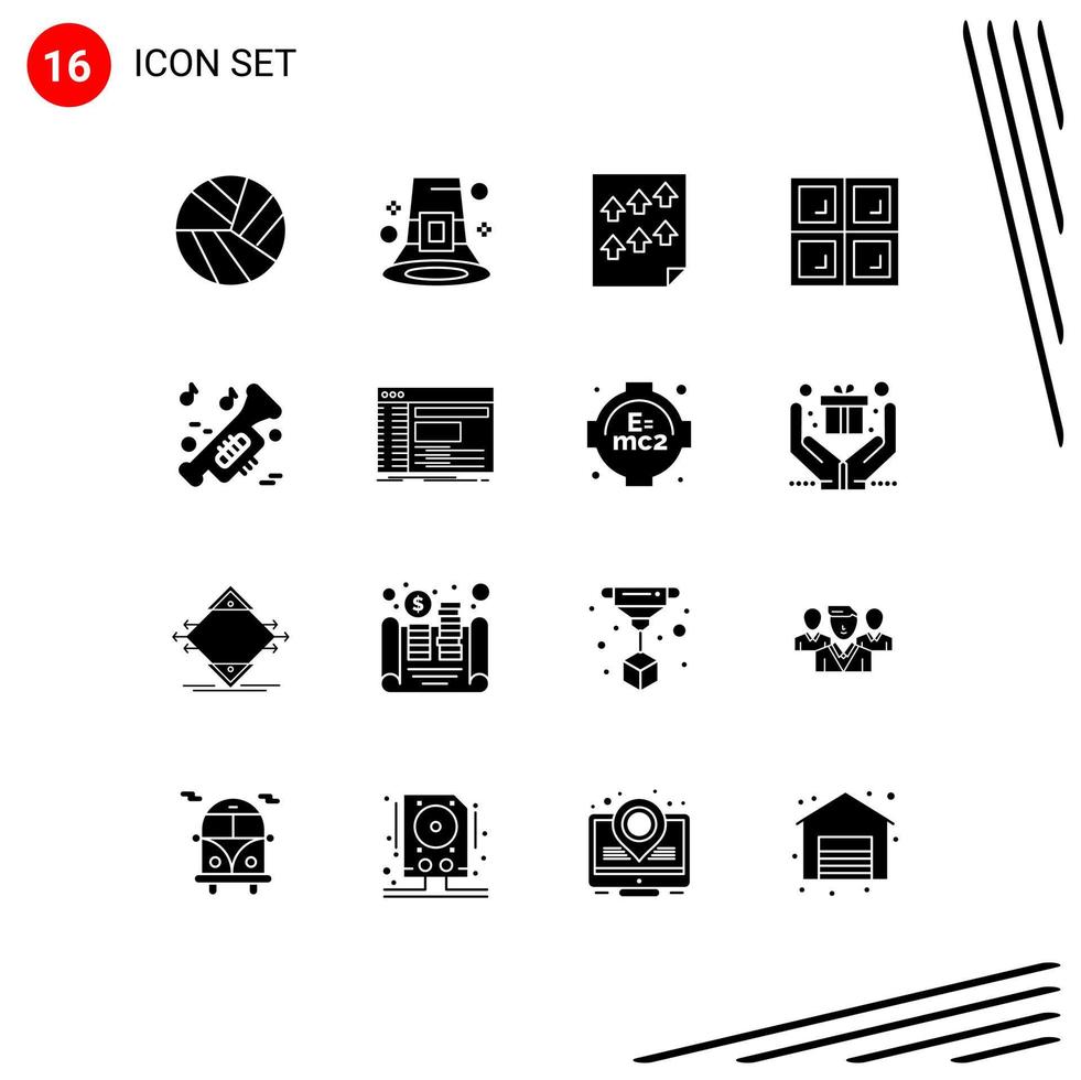 Group of 16 Solid Glyphs Signs and Symbols for music window data house report Editable Vector Design Elements