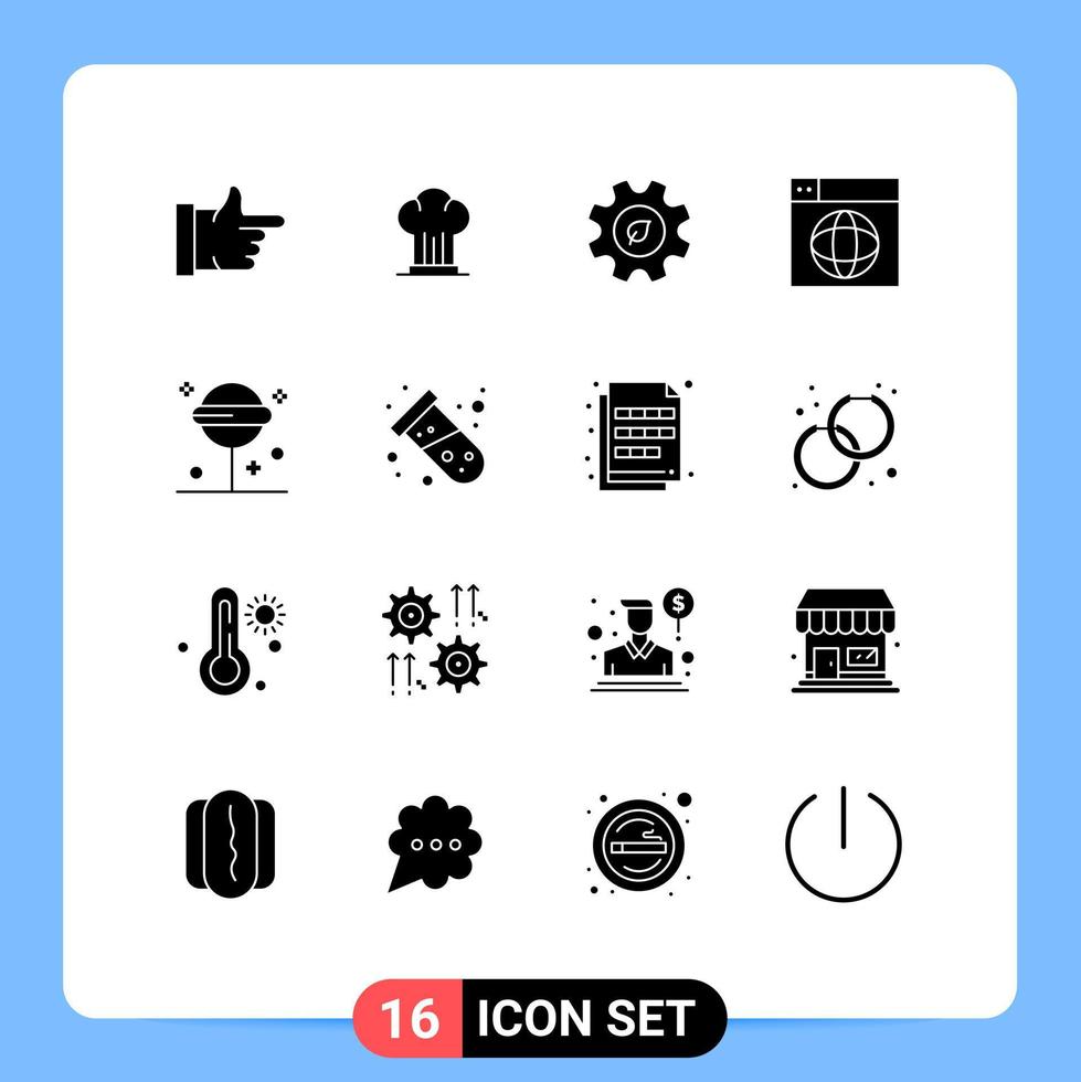 Modern Set of 16 Solid Glyphs and symbols such as confect globe eco internet web Editable Vector Design Elements