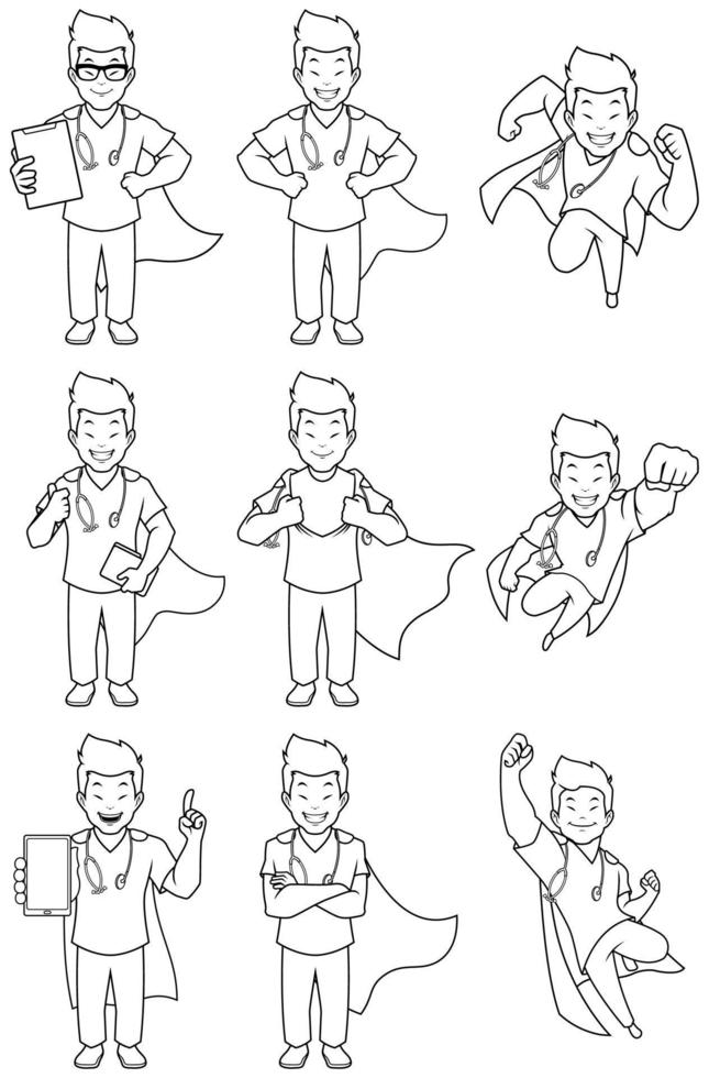 Super Nurse Asian Male Line Art vector