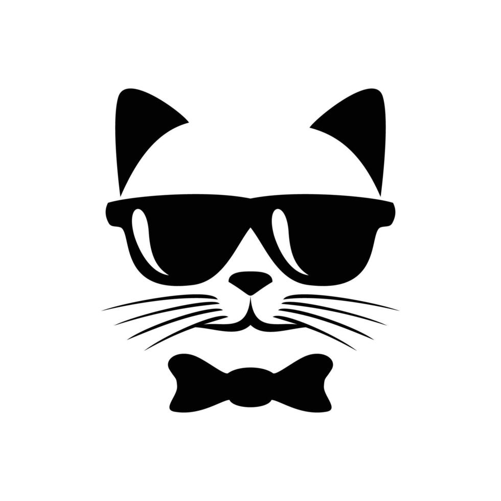 cat head silhouette logo design template. cat with glasses and ribbon icon, sign and symbol. vector