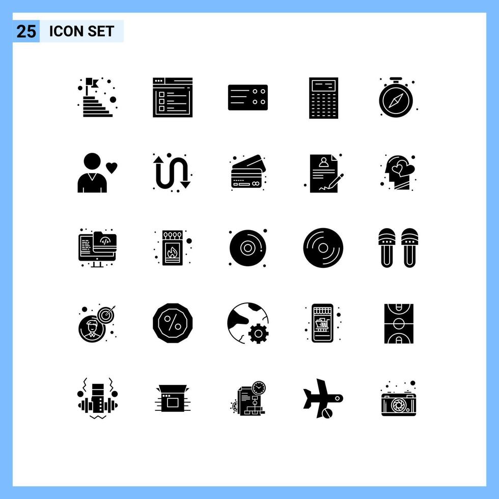 Group of 25 Modern Solid Glyphs Set for stop math website device calculate Editable Vector Design Elements