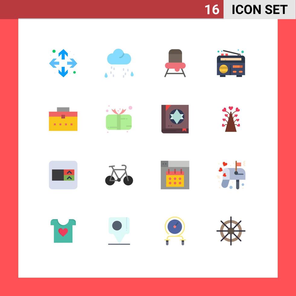 Set of 16 Vector Flat Colors on Grid for present user chair worker bag radio Editable Pack of Creative Vector Design Elements
