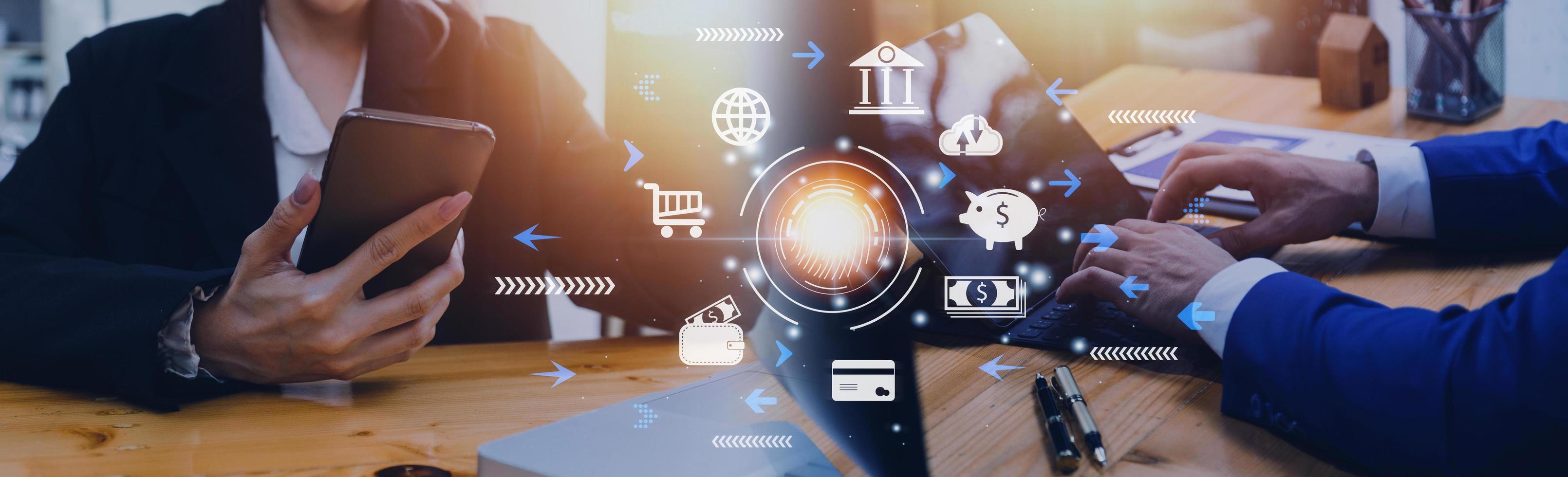 futuristic digital processing of biometric identification fingerprint scanner for access personal financial data. surveillance and security scanning of digital programs cyber futuristic applications photo