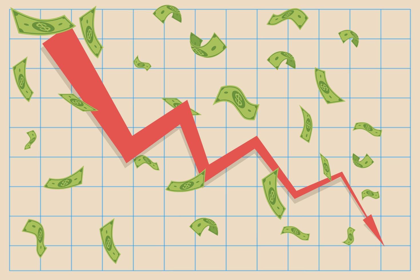 gráfico de pérdida de efectivo. financiar el programa de inflación, la pérdida de dinero y la disminución de los ingresos. datos de pérdidas de comerciantes, gráfico de pérdidas presupuestarias o quiebras de inversión ilustraciones vectoriales aisladas vector