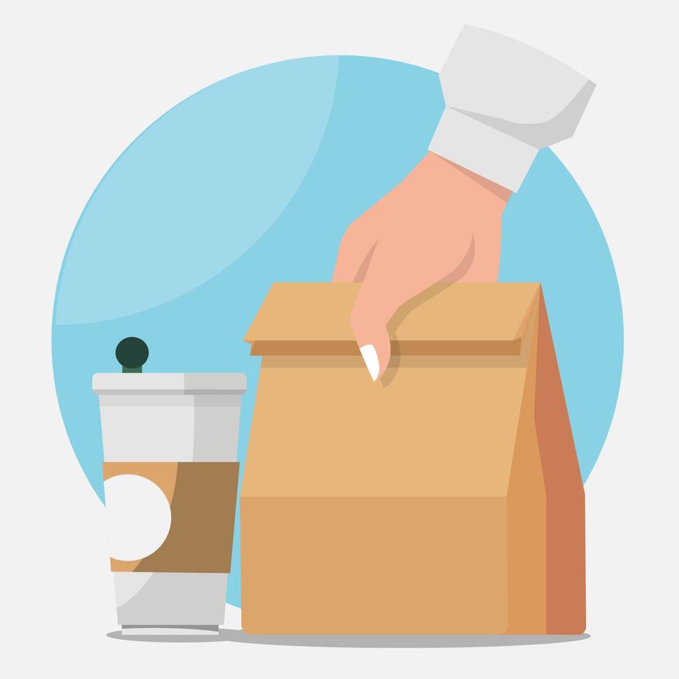 Food delivery paper bag and coffee cup hand icon. lunch linear style sign for mobile concept and web design. Take away fast food simple line vector. illustration graphics. vector